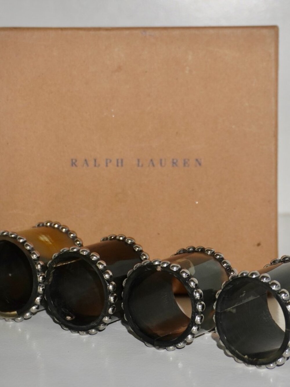 Ralph Lauren Home Napkin Rings, Natural Horn with Silver Bead Trim (Set of 4)